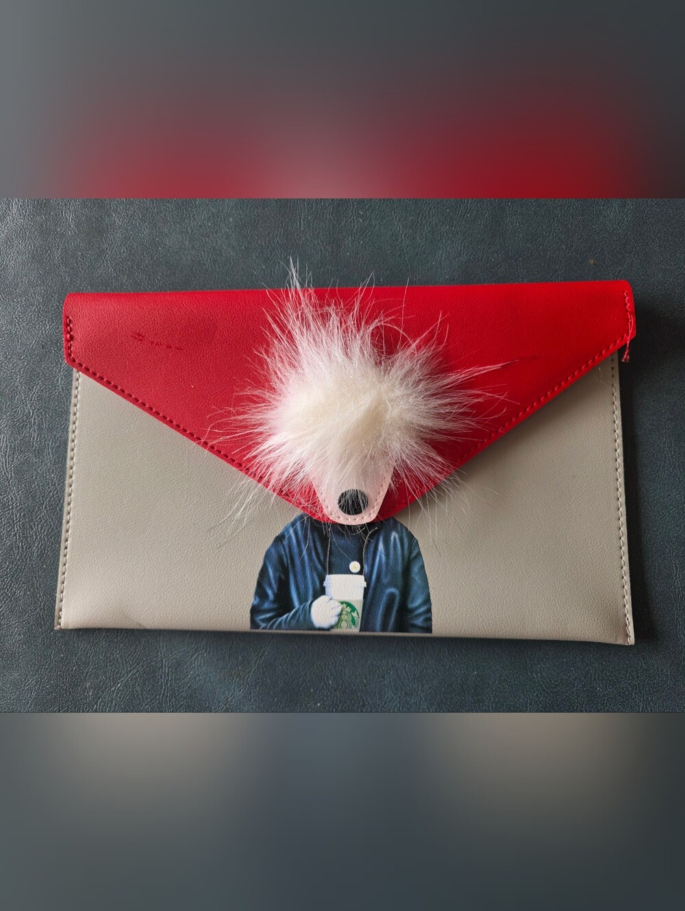 Pet Rocks + Starbucks Red and Beige Faux-Fur Accent Envelope Clutch